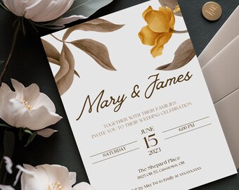 Fall Floral Wedding Invitation, Minimal Wedding  Invitation, Modern Wedding Invite, Autumn Wedding Invite