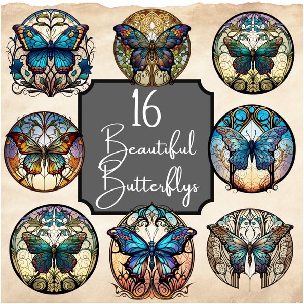 Glasmalerei Schmetterling, Garten, Jugendstil bunt, Fenster, druckbare Schmetterling, digitaler Download, Junk Journal, Papiere, Blumen, Drucke