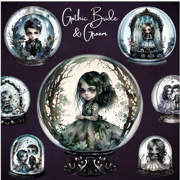 19 Goth Bride and Groom Snow Globe Bundle, Wedding Clipart png, Junk Journal, Scrapbook, Gothic Wedding, Bundle, Instant Digital Download