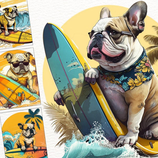 French Bulldog Art, Cool Bulldog Surfing Clipart, French Bulldog Head Bundle, Summer Time, Junk Journal Transparent Digital