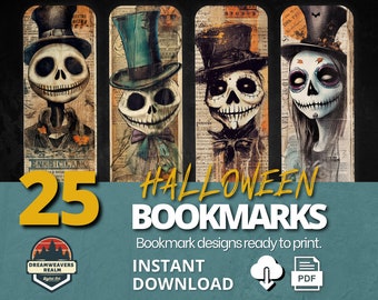 Espeluznantes marcadores imprimibles de Halloween / Descarga digital JPG PNG Marcador Set sublimación de marcadores / Conjunto de marcadores caprichosos, Gran regalo de libro