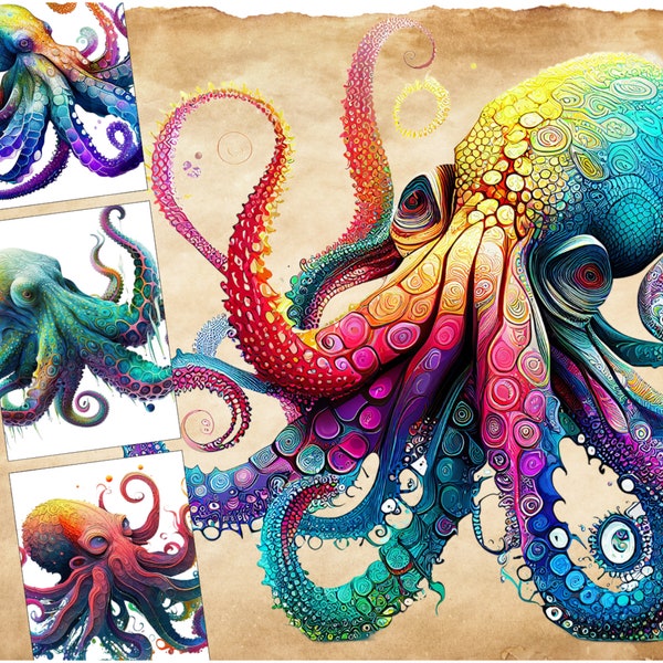 Psychedelic Octopus Clipart Octopus png illustrations Ocean Theme clipart  Octopus png clip art format instant download for commercial use