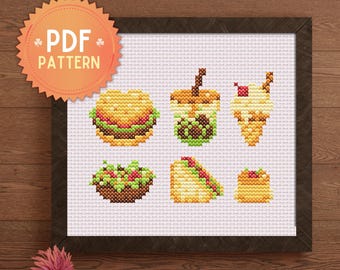 Kawaii-Lebensmittel-Kreuzstichmuster als PDF, Sammlung niedlicher Mini-Kreuzstichmuster mit Fast-Food-Motiven – sofortiger Download –