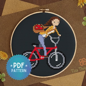 Girl on a Bike Cross Stitch PDF Pattern, Cute Red Bike Cross Stitch Pattern for Decor or Gift - Instant Download -