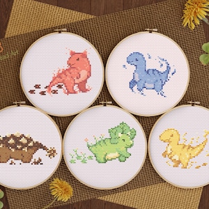 Paquetes de 5 patrones punto de cruz PDF dinosaurios, conjunto de patrones pequeños de dinosaurios tiernos para bebé -descarga instantánea-
