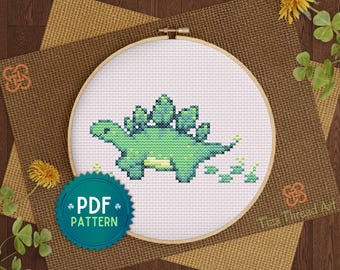 Niedliches Dinosaurier-Pflanzen-Kreuzstichmuster (PDF), einfaches kleines Dino-Kreuzstichmuster – Sofort-Download