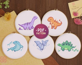 5 magische Dinosaurier-Kreuzstichmuster (PDF), Sammlung niedlicher kleiner Dinosaurier-Muster – Sofort-Download –