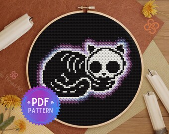Lila Neon-Kätzchen-Skelett-Kreuzstichmuster (PDF) für Halloween-Dekoration, gotischer Kreuzstich für Ornamente - Sofort-Download -