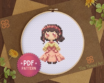 PDF-Stickvorlage für eine süße kleine Puppe im rosa Kleid, Kreuzstich für Mädchen, süßes Baby-Kreuzstichmotiv – sofortiger Download –