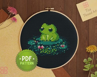 PDF-Stickvorlage: Frosch auf dem Wasser, DIY-Stickvorlage eines kleinen grünen Frosches auf einem Seerosenblatt zur Dekoration oder als Geschenk – sofortiger Download –