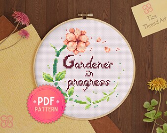 PDF-Kreuzstichvorlage: Gärtner bei der Arbeit, Gartenmotiv, Pflanzenkreuzstich, Heimdekoration – sofortiger Download –