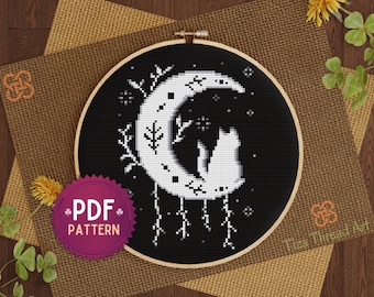 Cross Stitch Pattern PDF cat on the moon black and white, white moon pattern, cross stitch Halloween spooky decor -instant download-