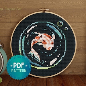 PDF pattern orange koi fish cross stitch, koi carp pattern and bubbles for diy wall decoration - instant download -