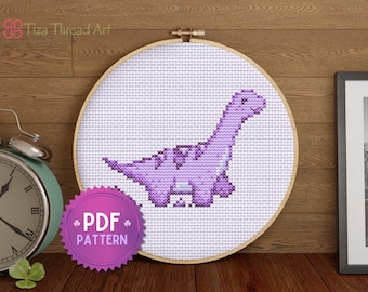 Kreuzstichmuster für Dinosaurier mit langem Hals, PDF-Muster – Fantastisches kleines süßes Edelstein-Dinosaurier-Muster – Sofortiger Download