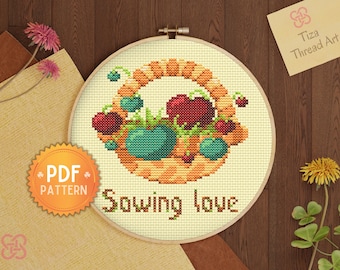 PDF-Stickvorlage für einen Blumenkorb (Kreuzstich), Blumenstickerei für die Heimdekoration – sofortiger Download –