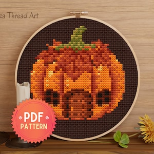 Halloween Pumpkin Cross Stitch PDF Pattern, Pumpkin Cottage Cross Stitch, Cute Pumpkin for Halloween - Instant Download -
