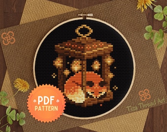 Patrón PDF de punto de cruz de zorro, lámpara otoñal punto de cruz, decoración de farol de otoño, adorno de zorro  -descarga instantánea-