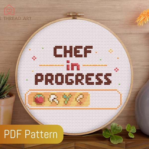 Chef loading cross stitch PDF pattern, food preparation, embroidery for gift or kitchen decoration - instant download -