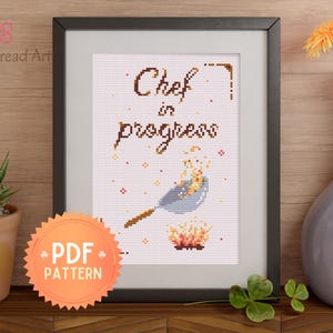 Patrón PDF punto de cruz chef en proceso, preparación de comida, bordado para regalar o decoración de cocina - descarga instantánea -