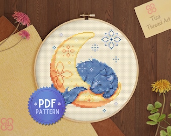 PDF Pattern Slepping wolf on the moon cross stitch, cute wolf pattern, wolf decoration, nature cross stitch - instant download -