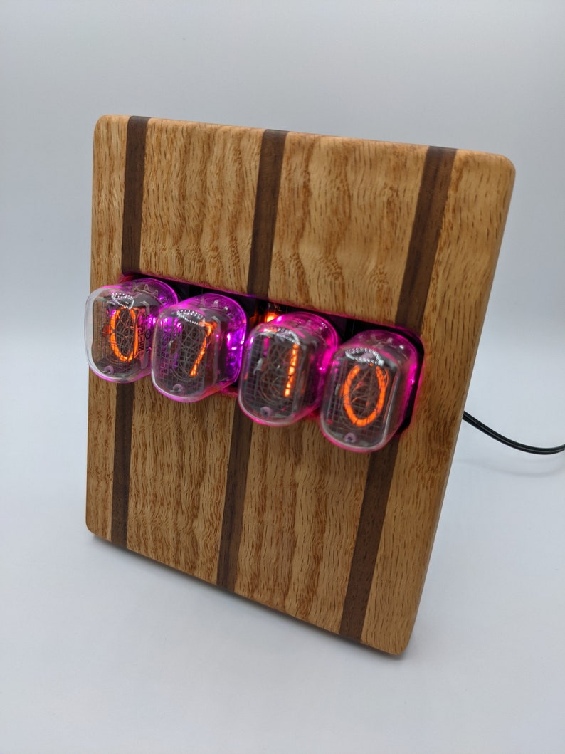 Nixie Clock Curly Red Oak and Black Walnut Case w/Black Walnut Back image 3