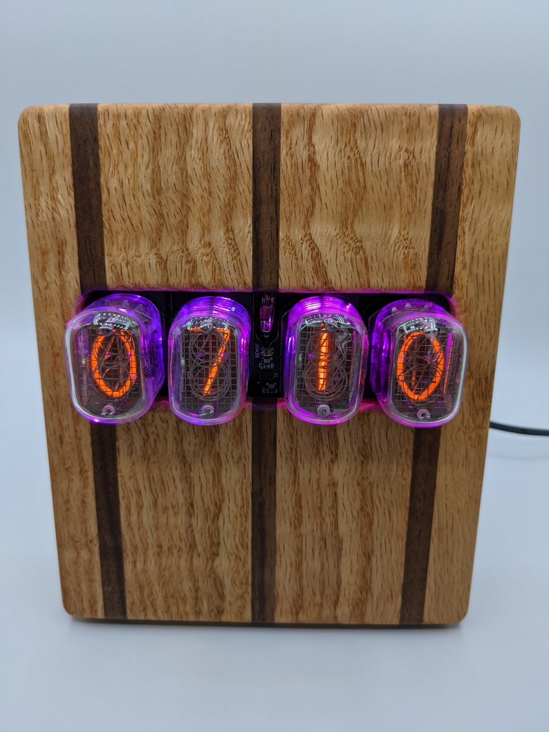 Nixie Clock Curly Red Oak and Black Walnut Case w/Black Walnut Back image 2