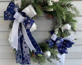 Blue and Silver Wreath, New Year’s Wreath, Winter Wreath, Christmas Wreath, Holiday Decor, Wreath with Two Bows