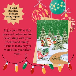 May include: A digital download of four Christmas postcard designs featuring a Santa Claus and elves in a snowy forest. The text "Merry Christmas" is written on the postcard.