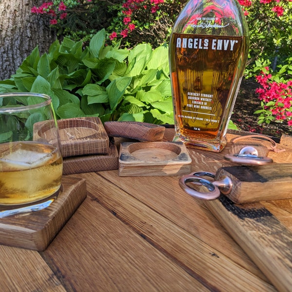 Whiskey & Wine Barrel stave bottle opener and coasters