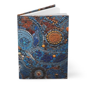 May include: A blue and orange mosaic pattern with a circular design. The mosaic is made of small, colorful tiles.