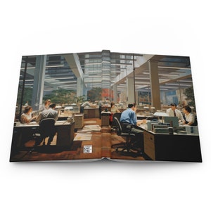 May include: A vintage illustration of a busy office setting with multiple people working at desks. The office has a modern design with large windows and exposed beams. The illustration is in a realistic style with muted colors.