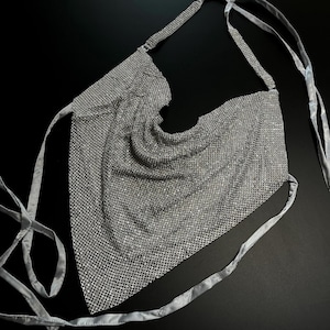 Puede incluir: Un top de malla plateada brillante con tirantes ajustables. El top está hecho de un material de malla fina y tiene un diseño drapeado.