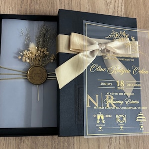Verjaardagsuitnodiging met zwarte parel, doos met lint, acrylperkament gewikkelde uitnodiging voor evenement, luxe uitnodiging in doos