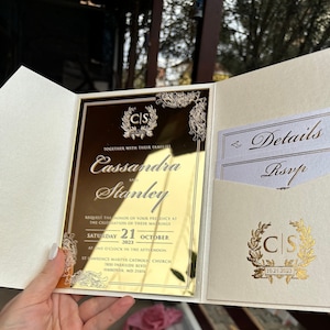 Luxury Gold Mirror Wedding Invitation. Pearlescent Ivory Color Pocket and Belt Full Set Wedding Invitation. Luxury set