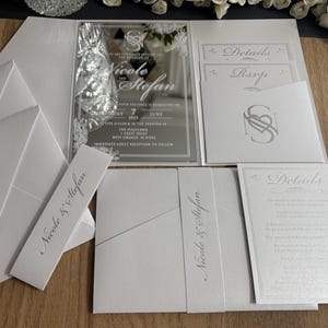 Silber gespiegeltes Hochzeitseinladungs-Set: Weisses Perlglanz-Papier.RSVP und Detailkarte