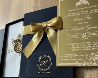 Luxury Navy Blue Invitation Box with Gold Mirror Acrylic Insert – Quinceañera Celebration