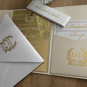 Luxury Gold Mirror Acrylic Wedding Invitation, Foil Printed Invite, Pearl Pocket Envelope, Custom Invite image 2