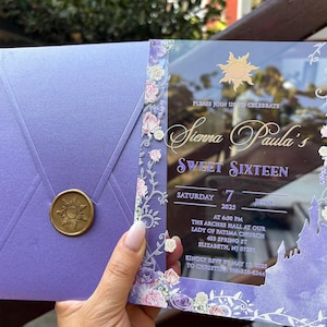 Rapunzel Princess Tangled customizable invitation.Acrylic quince invitation.Purple pearl envelope