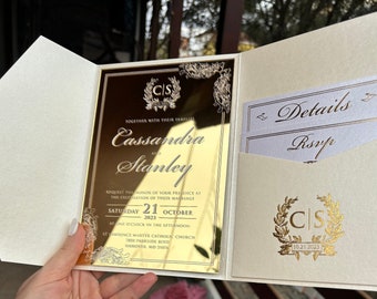 Invitación de boda con espejo dorado, sobre de bolsillo de marfil nacarado, cinturón de sobre, tarjeta de detalle, sobre de correo. Invitaciones con espejo dorado