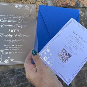 Elegante gefrostete Acryl-Geburtstags-Einladung. 80.Geburtstag, 1.Jahr, 40.Geburtstag, 50.Geburtstag, 60.Geburtstag. Schneeflocke. Detailgetreue Karte.