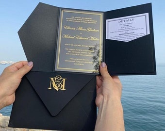 Black Acrylic Wedding Invitation – Gold Foil, Pocket Envelope, Detail Card, Wax Seal