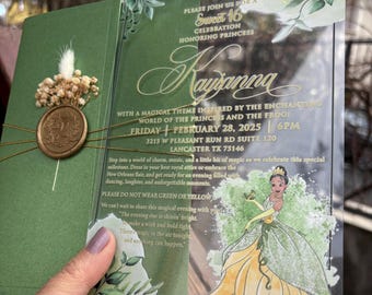 Princess and Frog Sweet 16 Invitation: Green, Wax Seal, Dried Flowers