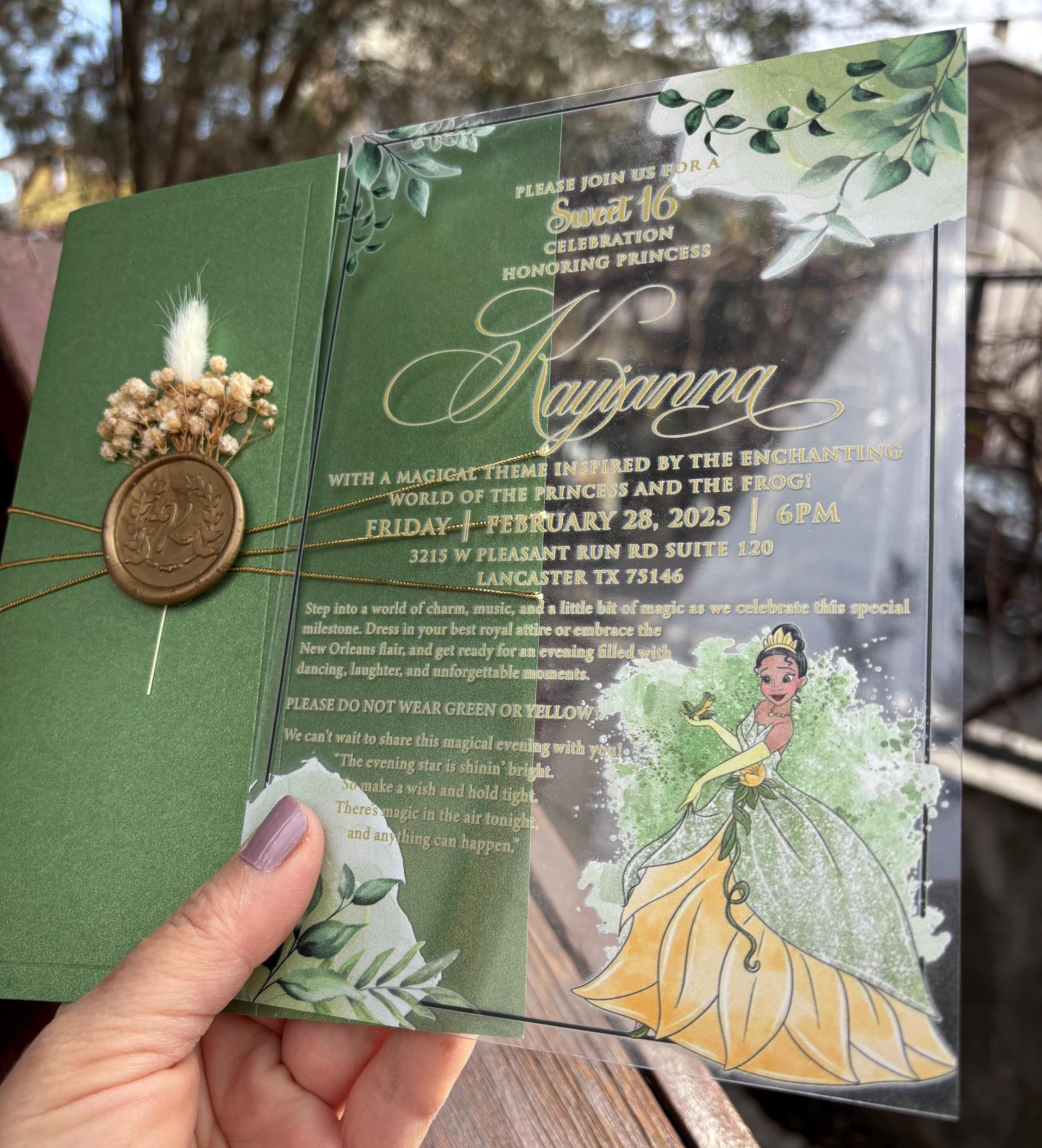 Princess and Frog Sweet 16 Invitation: Green, Wax Seal, Dried Flowers - Etsy