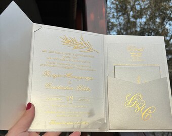 Personalized Gold Foil Acrylic Wedding Invitation, Olive Branch Pocket Set