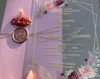 Floral Acrylic Quinceañera Invitation: Pink Pearlescent Envelope, Wax Seal