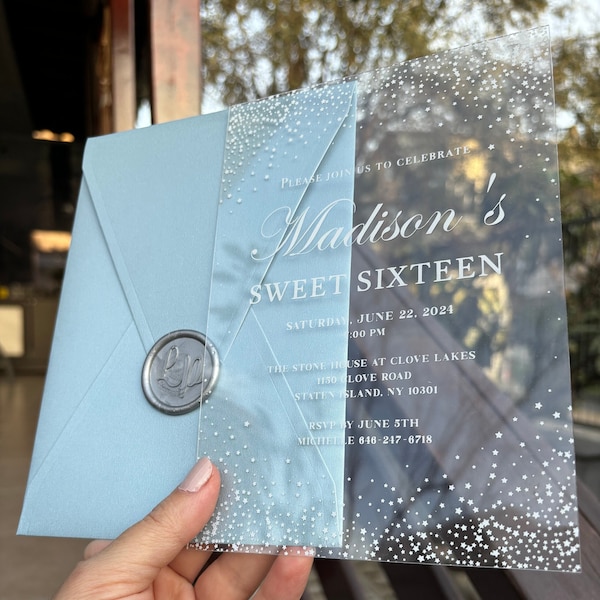 Sweet Sixteen Acrylic Invitation Card, baby blue pearlescent envelope, acrylic UV printed invitation, silver wax seal