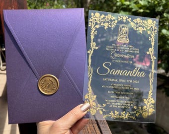 Beauty and the Beast themed. Sweet 16 Invitation. Purple mother-of-pearl invitation with wax seal.