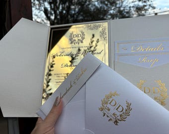 Luxury Gold Mirror Acrylic Wedding Invitation, Foil Printed Invite, Pearl Pocket Envelope,  Custom Invite