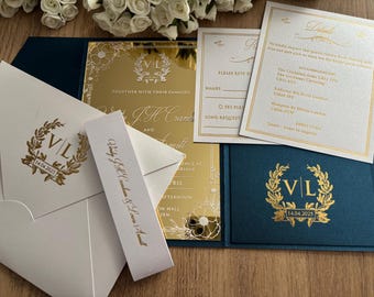 Luxury Wedding Invitation Set, Gold Mirrored Acrylic & Navy Blue Trifold Pocket Invite, Pocket Belt