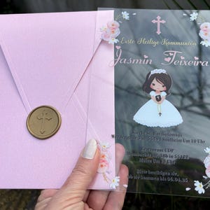 Convite para primeira comunhão. Batismo. Confirmação. Convite acrílico personalizável para todos os seus eventos. Envelope perolado rosa, selo de cera